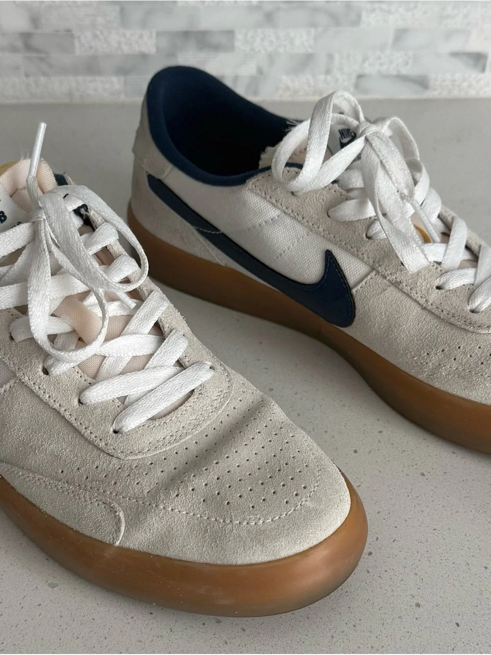Nike Men’s Beige Suede Sneakers with Navy Swoosh and Gum Sole